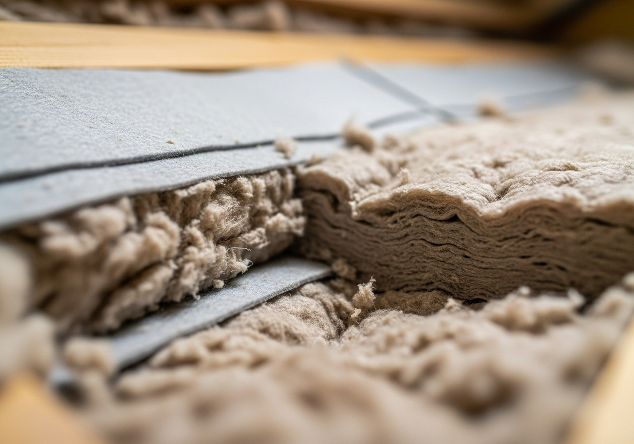 Close-up detail of materials and technique used in loft insulation — showing quality