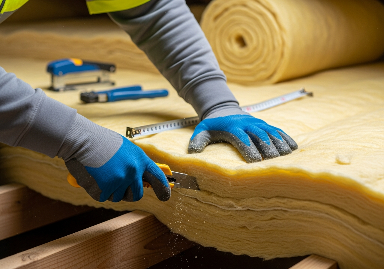 Professional installer carrying out loft insulation in a UK residential property