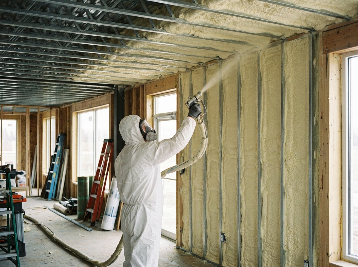 Installer applying spray foam to the frame of a commercial workshop