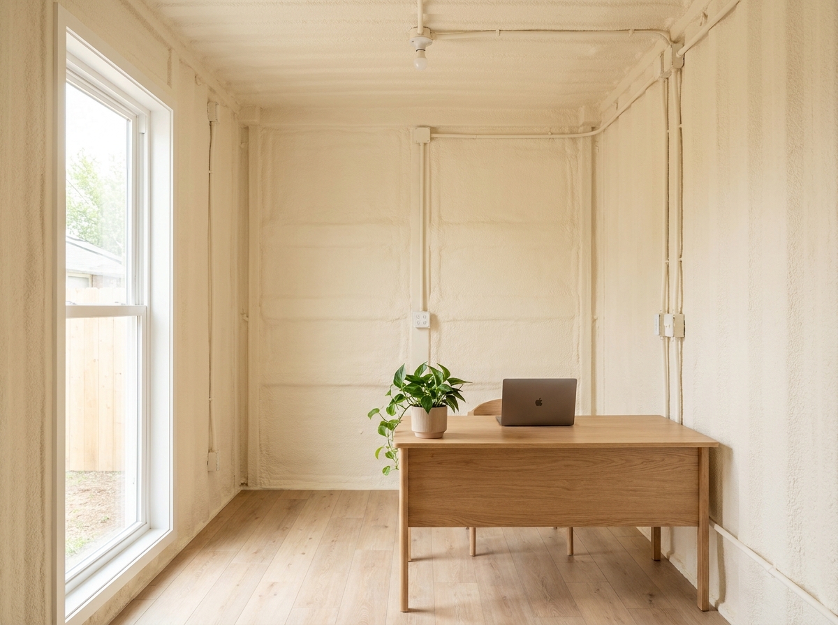 Finished foam-insulated shipping container office interior