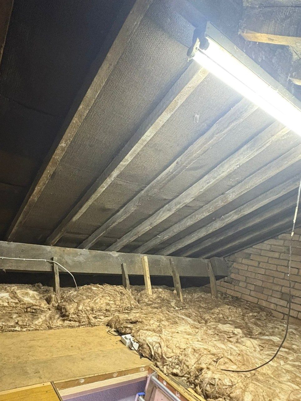 The same loft after our team stripped the open cell foam off by hand, leaving the roof timbers bare, clean and able to breathe