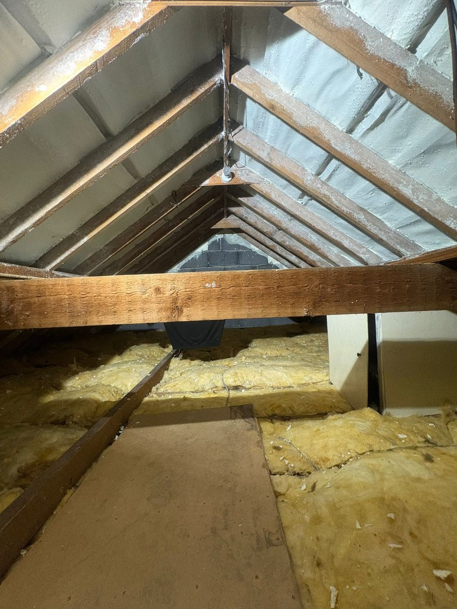 Spray foam sprayed straight onto the roof slopes of a Walsall loft, completely hiding the roof timbers from view