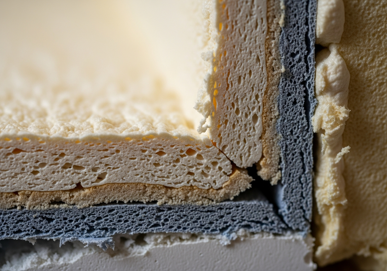 Close-up of open and closed cell spray foam layers being removed from timber