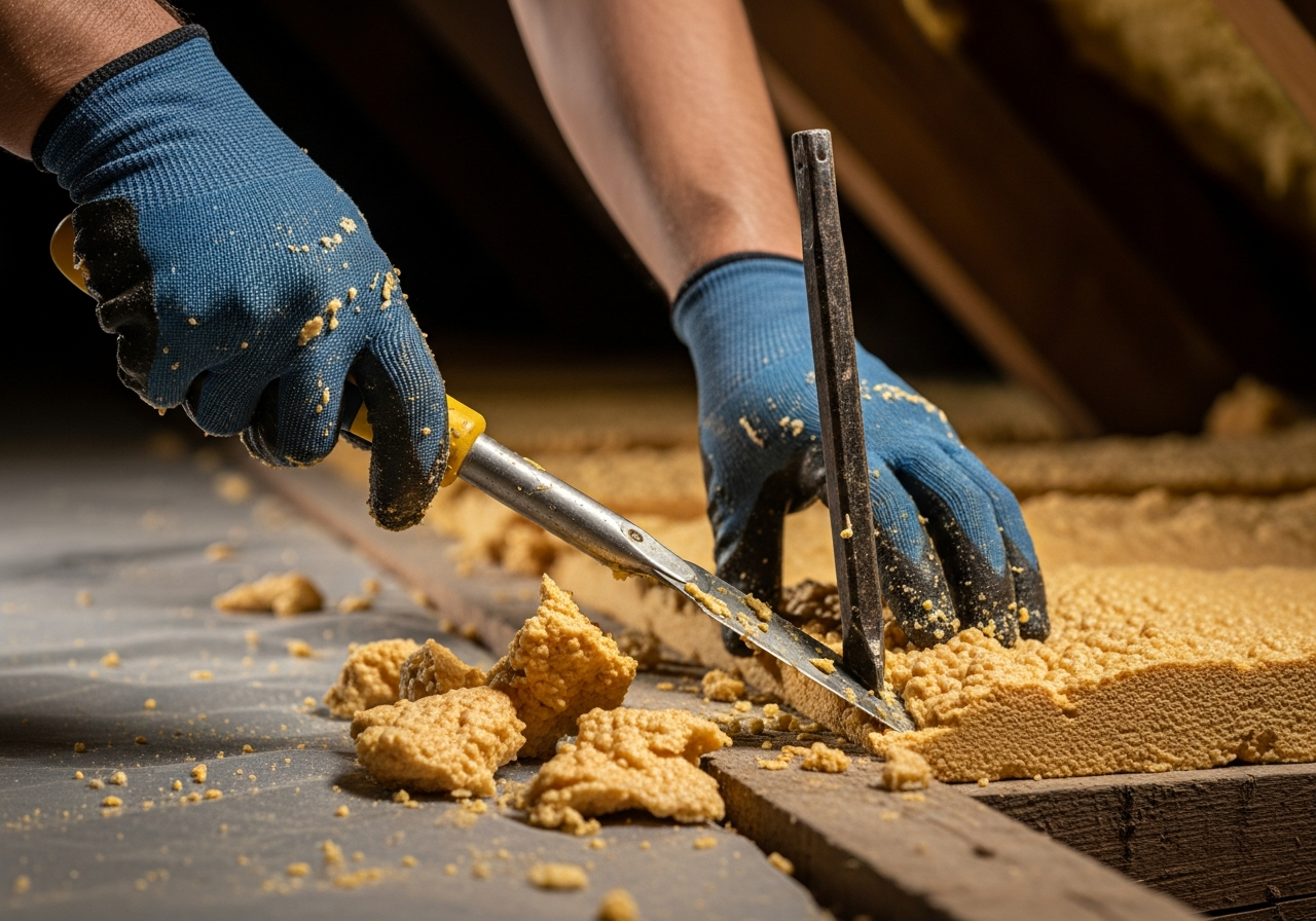 Close-up of a technician scraping spray foam off a roof timber