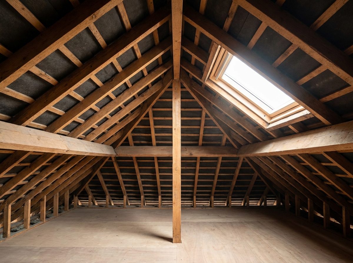 Clean, bare roof timbers in a Walsall loft after spray foam removal, with restored ventilation